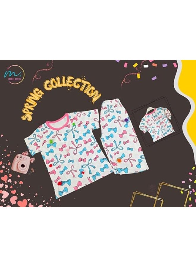 MINIIMODZ MINII MODZ Ribbon Print Shirt & Pant Set for Girls – Soft Cotton Dress Sleepwear | Suitable for Kids, Toddlers, and Infants - Image 2